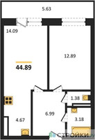 Планировка однокомнатной(квартира) площадью 44.89 квадратных метров в “Зеленый Оазис - Город”