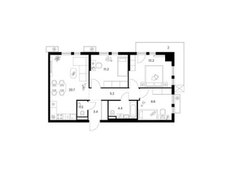 Планировка трехкомнатной(квартира) площадью 70.2 квадратных метров в ЖК “ЖК Белая Дача парк”