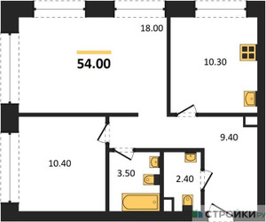 Планировка двухкомнатной(квартира) площадью 54 квадратных метров в ЖК “ЖК Архитектурный проект RAKURS (Ракурс)”
