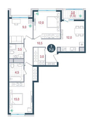 Планировка трехкомнатной(квартира) площадью 71 квадратных метров в ЖК “ЖК РУСИЧ-Кантемировский”