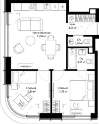 Планировка двухкомнатной(квартира) площадью 54.4 квадратных метров в ЖК “ЖК Сити Бэй”