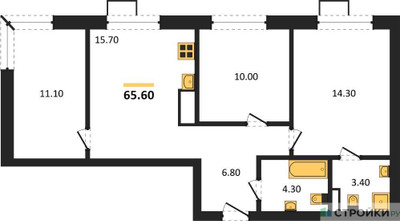 Планировка трехкомнатной(квартира) площадью 65.6 квадратных метров в ЖК “ЖК Foreville (Форевилль)”