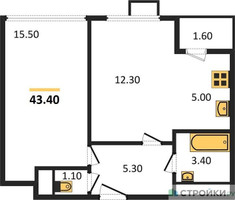 Планировка однокомнатной(квартира) площадью 43.4 квадратных метров в “ЖК Датский Квартал”