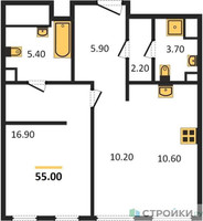 Планировка однокомнатной(квартира) площадью 55 квадратных метров в “ЖК Sydney City (Сидней Сити)”