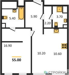 Планировка однокомнатной(квартира) площадью 55 квадратных метров в ЖК “ЖК Sydney City (Сидней Сити)”