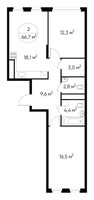 Планировка двухкомнатной(квартира) площадью 66.7 квадратных метров в “ЖК Переделкино Ближнее”