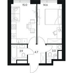 Планировка однокомнатной(квартира) площадью 41.2 квадратных метров в ЖК “ЖК NEXUS by Akvilon (Нексус от Аквилон)”