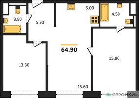 Планировка двухкомнатной(квартира) площадью 64.9 квадратных метров в “ЖК Sokolniki (Сокольники)”