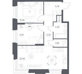 Планировка двухкомнатной(апартаменты) площадью 55.99 квадратных метров в ЖК “ЖК Апарт-отель Тропарево парк”