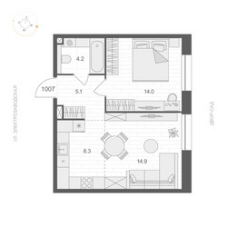 Планировка однокомнатной(квартира) площадью 46.5 квадратных метров в ЖК “ЖК АРТЕЛЬ”