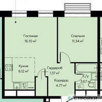 Планировка однокомнатной(квартира) площадью 43.37 квадратных метров в “ЖК Новоград Павлино”
