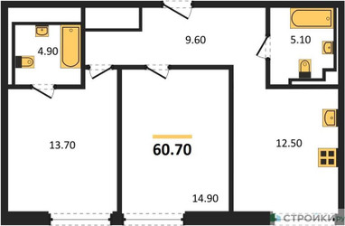 Планировка двухкомнатной(квартира) площадью 60.7 квадратных метров в ЖК “ЖК INJOY (Инджой)”