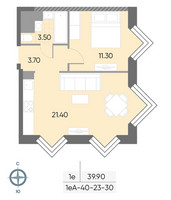 Планировка однокомнатной(квартира) площадью 39.9 квадратных метров в “ЖК Вейв”