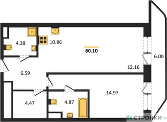 Планировка однокомнатной(квартира) площадью 60.1 квадратных метров в ЖК “Квартал Foriver”