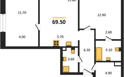 Планировка двухкомнатной(квартира) площадью 69.5 квадратных метров в ЖК “Жилые кварталы Белый Град”