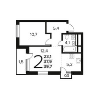 Планировка двухкомнатной(квартира) площадью 39.7 квадратных метров в “Новые Ватутинки. Заречный”