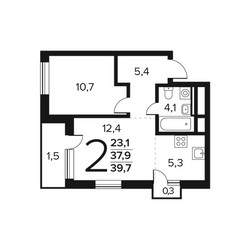 Планировка двухкомнатной(квартира) площадью 39.7 квадратных метров в ЖК “Новые Ватутинки. Заречный”