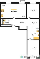 Планировка двухкомнатной(квартира) площадью 69 квадратных метров в “ЖК ЭкоБунино (Южное Бунино)”