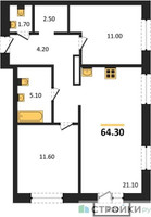 Планировка двухкомнатной(квартира) площадью 64.3 квадратных метров в “ЖК Квартал Метроном”