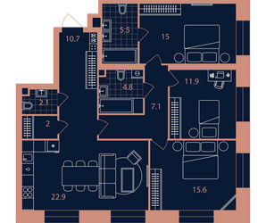 Планировка 4+ комнатной(квартира) площадью 97.6 квадратных метров в ЖК “Квартал Эра”