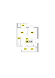 Планировка трехкомнатной(квартира) площадью 47.03 квадратных метров в ЖК “ЖК Радость (Радумля Парк)”