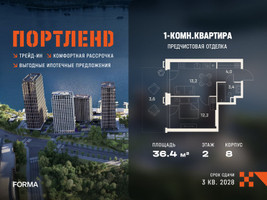 Планировка однокомнатной(квартира) площадью 36.4 квадратных метров в “ЖК Портленд”