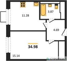 Планировка однокомнатной(квартира) площадью 34.98 квадратных метров в “ЖК Подольские кварталы”