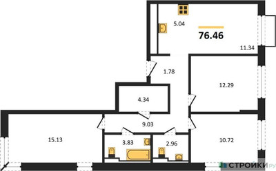 Планировка трехкомнатной(квартира) площадью 76.46 квадратных метров в ЖК “ЖК Квартал Марьино”
