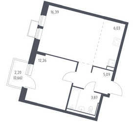Планировка однокомнатной(квартира) площадью 44.3 квадратных метров в ЖК “ЖК Молжаниново”