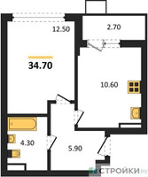 Планировка однокомнатной(квартира) площадью 34.7 квадратных метров в “ЖК Деснаречье”
