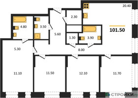Планировка 4+ комнатной(квартира) площадью 101.5 квадратных метров в “ЖК Первый Московский”