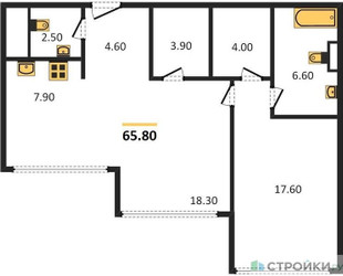 Планировка однокомнатной(квартира) площадью 65.8 квадратных метров в ЖК “ЖК OPUS (Опус)”