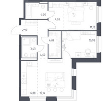 Планировка двухкомнатной(квартира) площадью 68.14 квадратных метров в “ЖК Заречье Парк”
