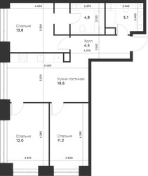Планировка трехкомнатной(квартира) площадью 70 квадратных метров в ЖК “ЖК Войс”