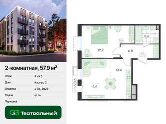 Планировка двухкомнатной(квартира) площадью 57.9 квадратных метров в ЖК “ЖК Театральный”