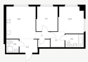 Планировка двухкомнатной(квартира) площадью 66 квадратных метров в “ЖК Барклая 6”