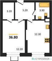 Планировка однокомнатной(квартира) площадью 36.8 квадратных метров в “ЖК Видный берег 2”