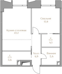 Планировка однокомнатной(квартира) площадью 55 квадратных метров в ЖК “ЖК Коллекция Лужники”