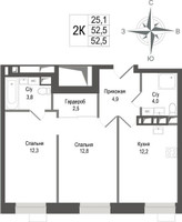 Планировка двухкомнатной(квартира) площадью 52.5 квадратных метров в “ЖК КИНОКВАРТАЛ”