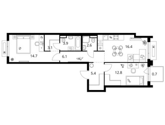 Планировка двухкомнатной(квартира) площадью 65.7 квадратных метров в ЖК “ЖК Зеленый парк”