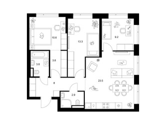 Планировка трехкомнатной(квартира) площадью 75.1 квадратных метров в ЖК “Бунинская набережная”