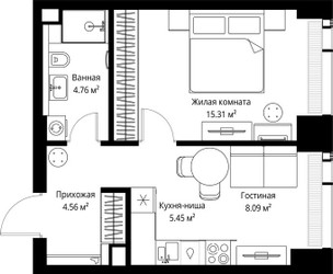 Планировка однокомнатной(квартира) площадью 38.17 квадратных метров в ЖК “ЖК Веер”