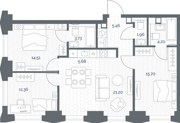 Планировка трехкомнатной(квартира) площадью 83.8 квадратных метров в ЖК “ЖК TATE (Тэйт)”