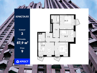 Планировка трехкомнатной(квартира) площадью 87.9 квадратных метров в ЖК “ЖК Трилогия Кристалл”