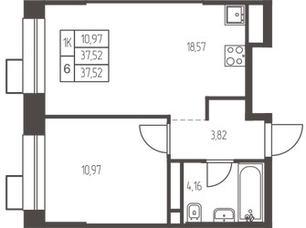 Планировка однокомнатной(квартира) площадью 37.5 квадратных метров в ЖК “ЖК Новая Ивантеевка”