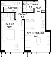 Планировка однокомнатной(квартира) площадью 51 квадратных метров в “ЖК Сити Бэй”