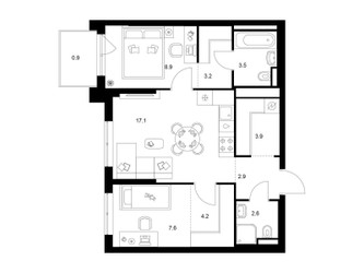 Планировка двухкомнатной(квартира) площадью 54.8 квадратных метров в ЖК “ЖК Зеленый парк”