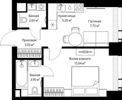 Планировка однокомнатной(квартира) площадью 37.58 квадратных метров в “ЖК Веер”