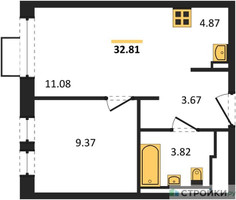 Планировка однокомнатной(квартира) площадью 32.81 квадратных метров в “ЖК Квартал Ивакино”