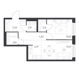Планировка однокомнатной(квартира) площадью 46.94 квадратных метров в ЖК “ЖК Новое Внуково”